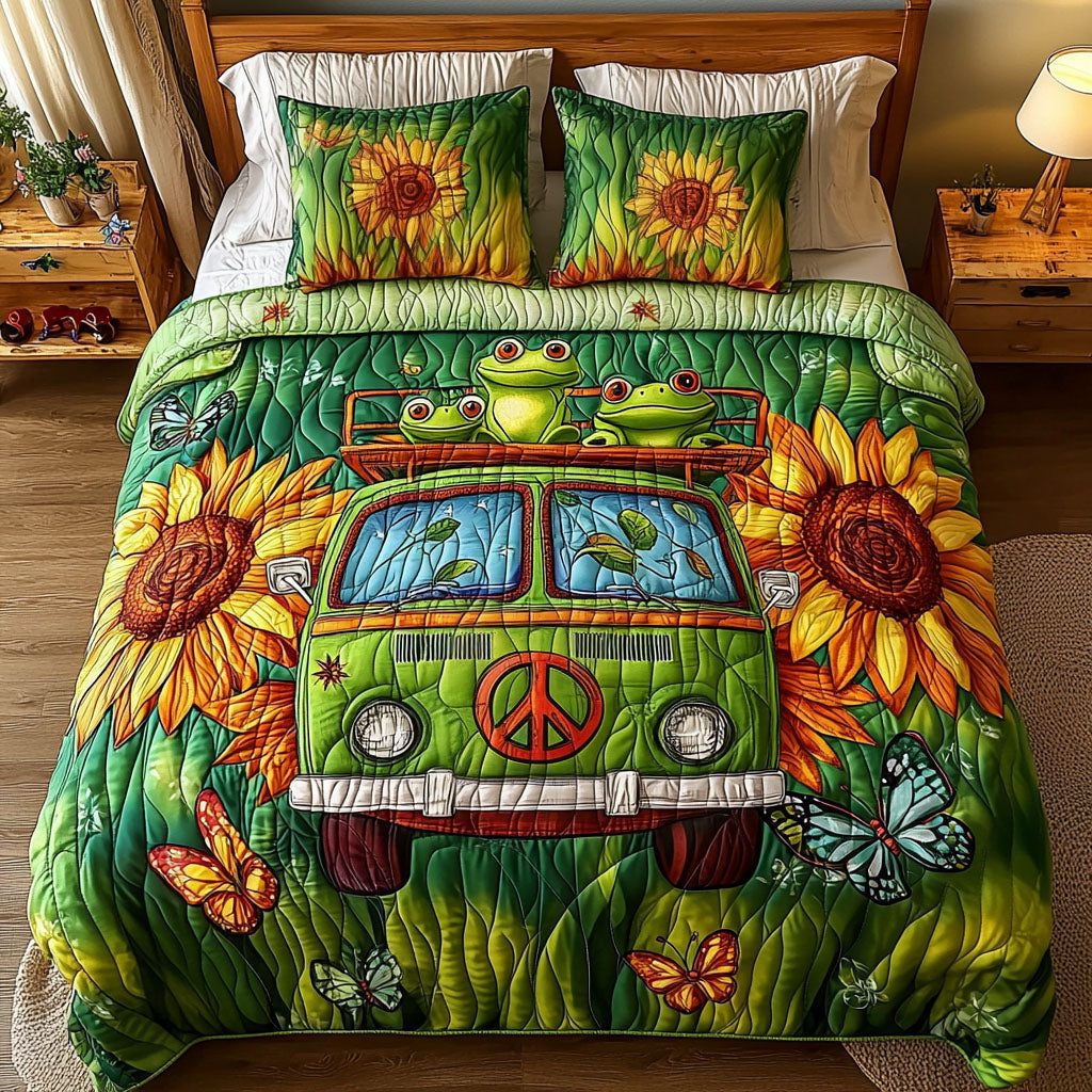Hippie Hop Van quilted 3-piece bedding set on a made bed with two matching pillow shams