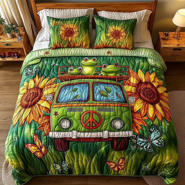 Hippie Hop Van quilted 3-piece bedding set on a made bed with two matching pillow shams