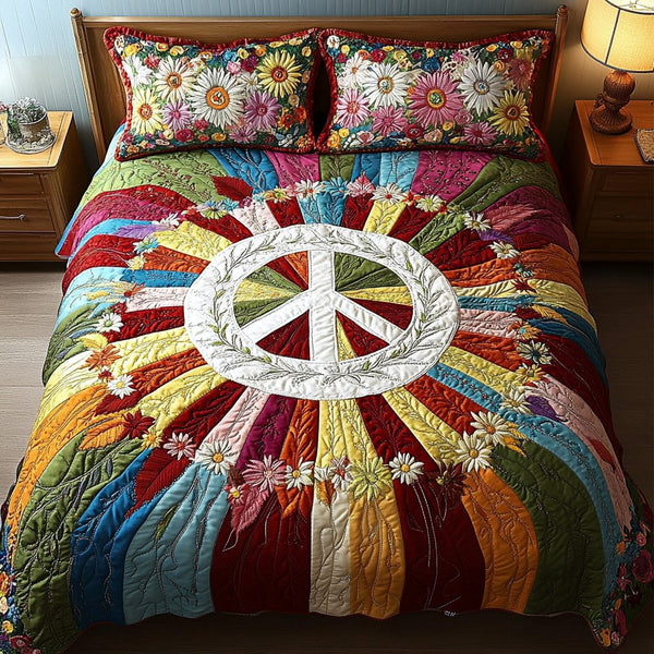 Hippie Journey quilted 3-piece bedding set on a made bed with two matching pillow shams