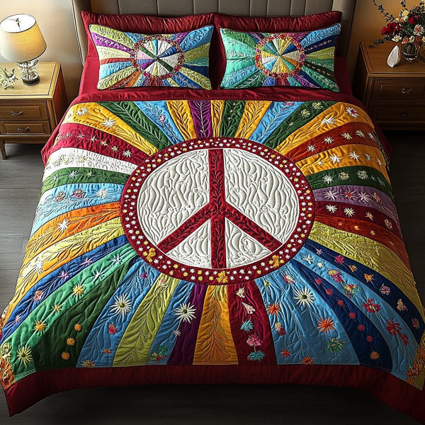 Hippie Love quilted 3-piece bedding set on a made bed with two matching pillow shams