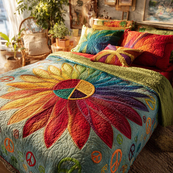 Hippie Meadow quilted 3-piece bedding set on a made bed with two matching pillow shams