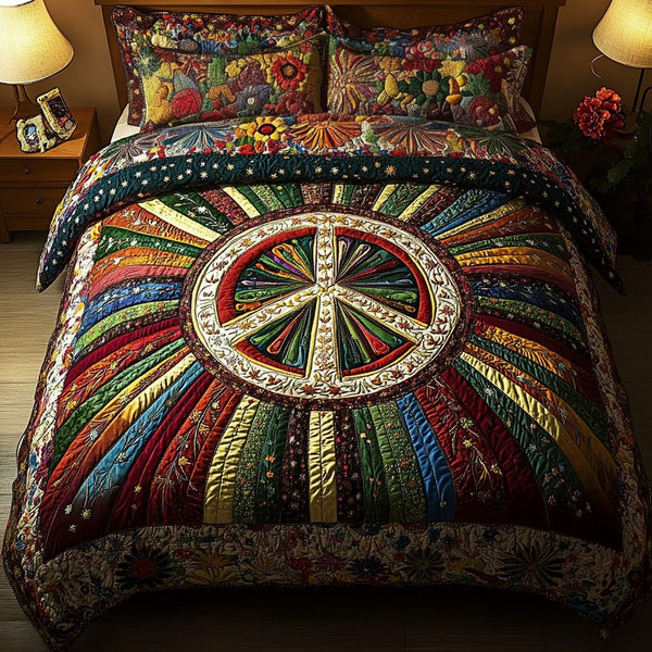 Hippie Mood quilted 3-piece bedding set on a made bed with two matching pillow shams