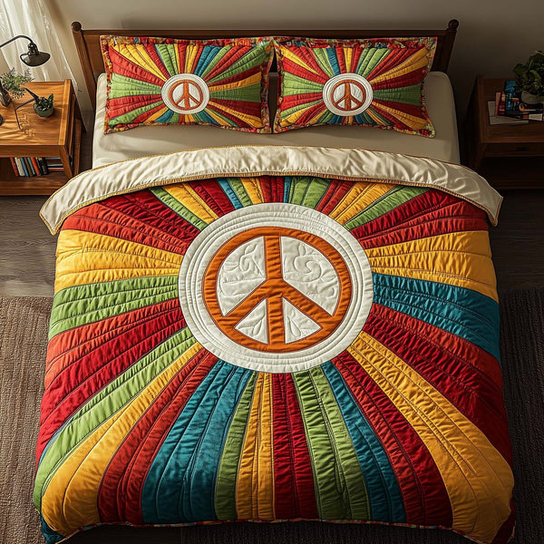 Hippie Peace quilted 3-piece bedding set on a made bed with two matching pillow shams