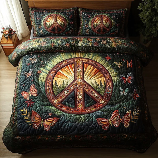 Hippie Peace quilted 3-piece bedding set on a made bed with two matching pillow shams