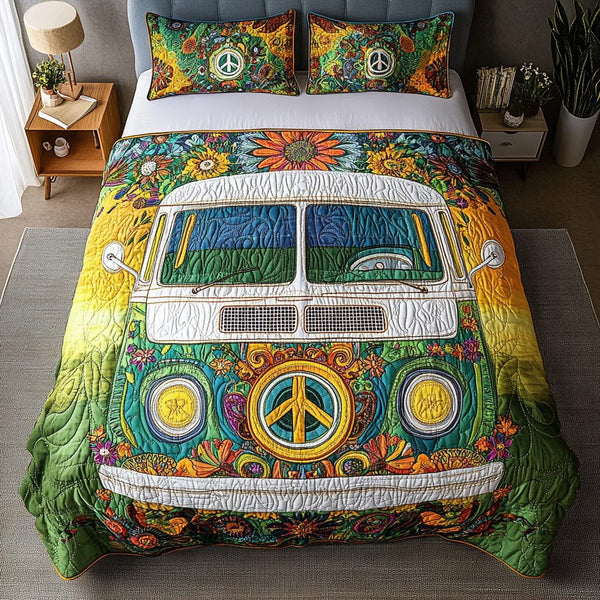 Hippie Ride quilted 3-piece bedding set on a made bed with two matching pillow shams