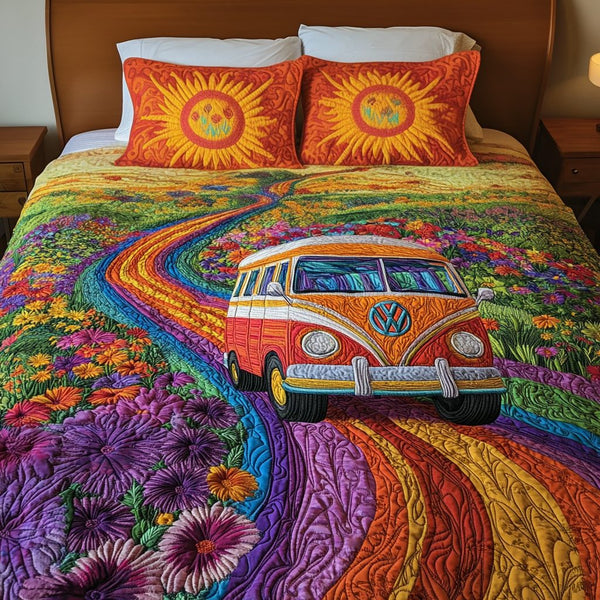 Hippie Ride quilted 3-piece bedding set on a made bed with two matching pillow shams