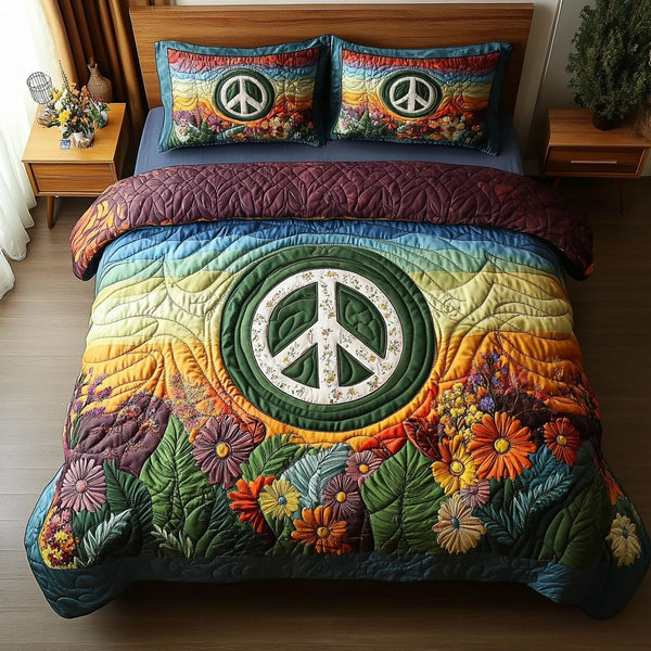 Hippie Spirit quilted 3-piece bedding set on a made bed with two matching pillow shams