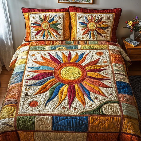 Hippie Sun quilted 3-piece bedding set on a made bed with two matching pillow shams