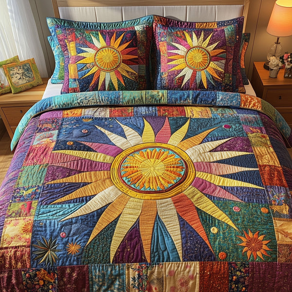Hippie Sun quilted 3-piece bedding set on a made bed with two matching pillow shams