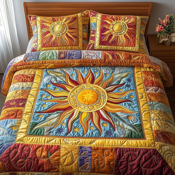 Hippie Sun quilted 3-piece bedding set on a made bed with two matching pillow shams