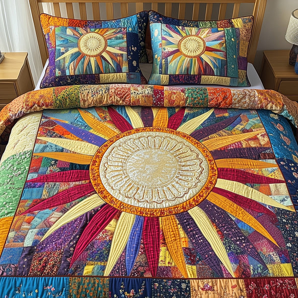 Hippie Sun quilted 3-piece bedding set on a made bed with two matching pillow shams