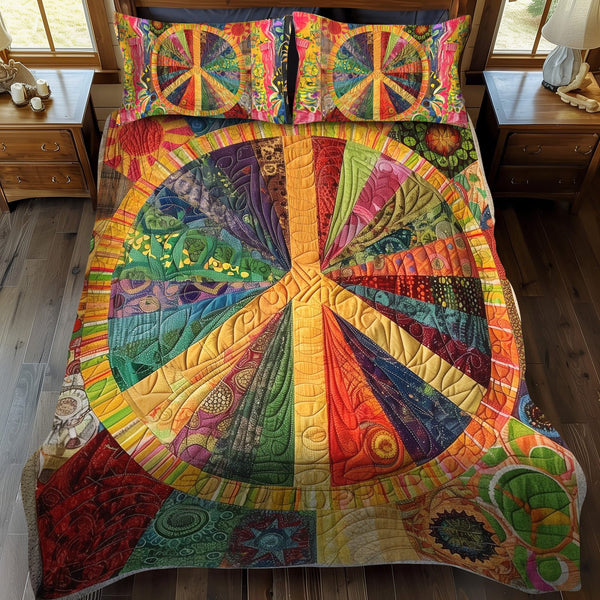 Hippie Sunbeam quilted 3-piece bedding set on a made bed with two matching pillow shams