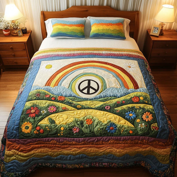 Hippie Valley quilted 3-piece bedding set on a made bed with two matching pillow shams