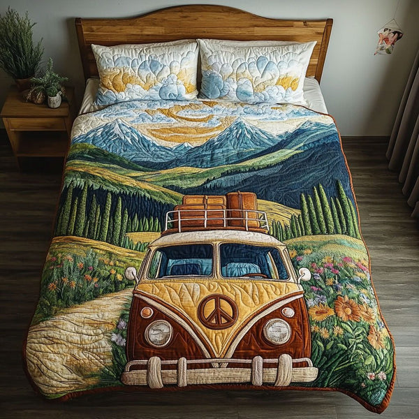 Hippie Van Dream quilted 3-piece bedding set on a made bed with two matching pillow shams