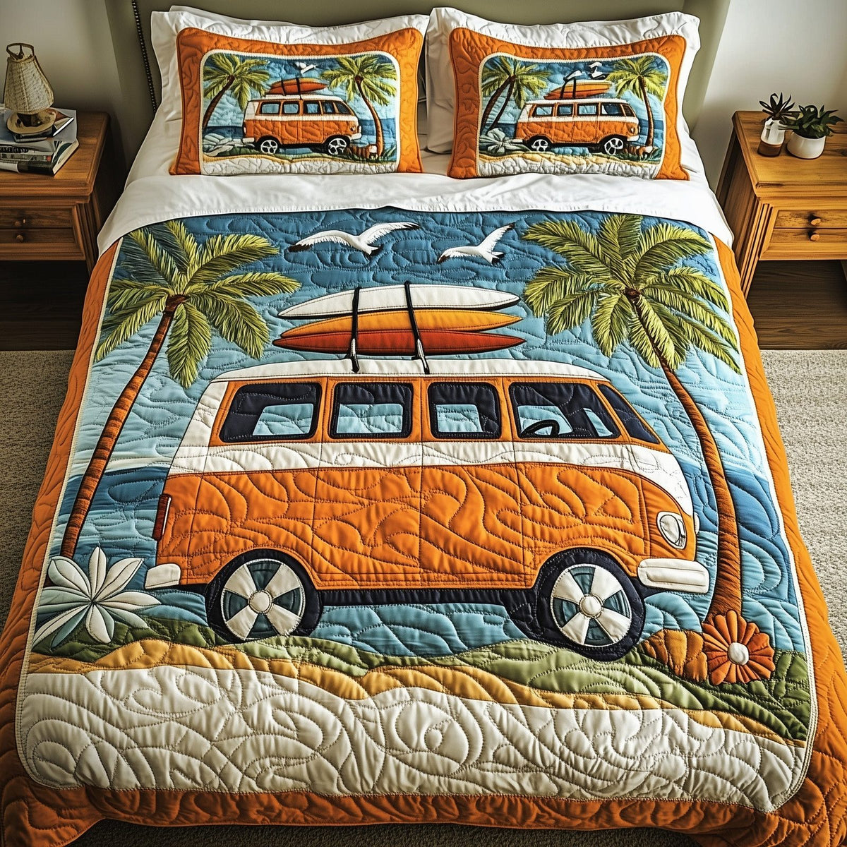 Hippie Van quilted 3-piece bedding set on a made bed with two matching pillow shams