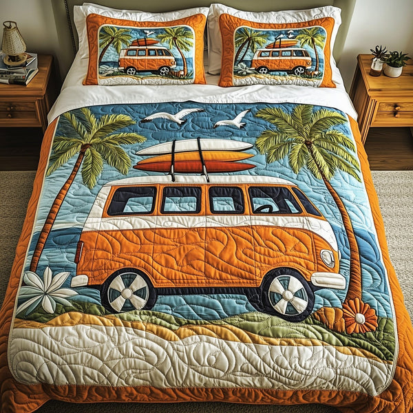 Hippie Van quilted 3-piece bedding set on a made bed with two matching pillow shams
