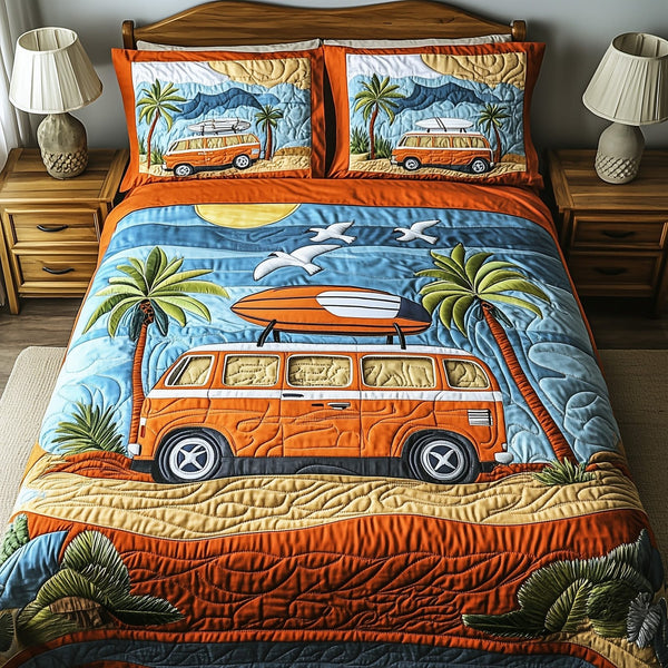 Hippie Van quilted 3-piece bedding set on a made bed with two matching pillow shams