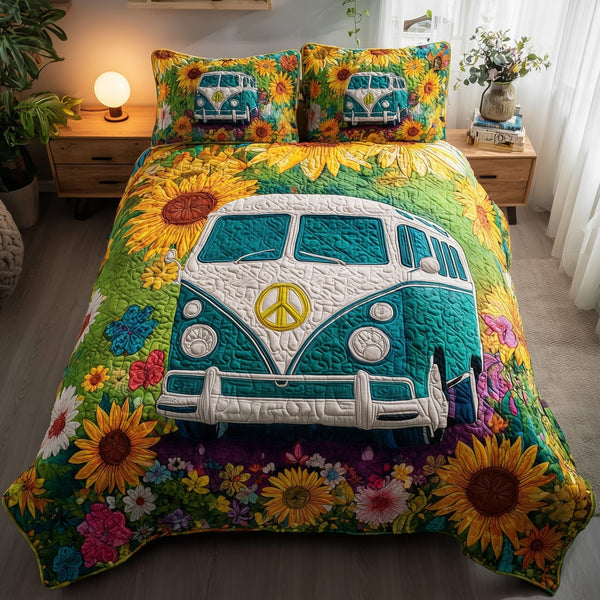 Hippie Van quilted 3-piece bedding set on a made bed with two matching pillow shams