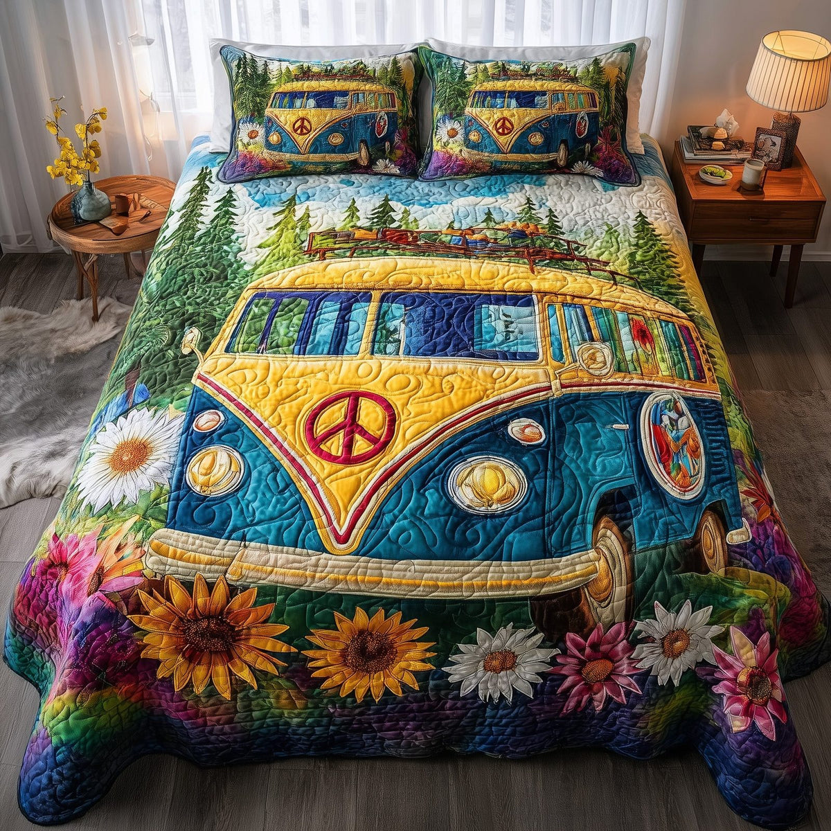 Hippie Van quilted 3-piece bedding set on a made bed with two matching pillow shams