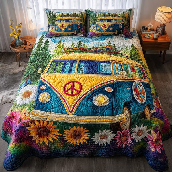 Hippie Van quilted 3-piece bedding set on a made bed with two matching pillow shams