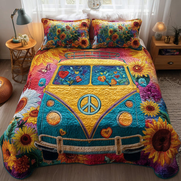 Hippie Van quilted 3-piece bedding set on a made bed with two matching pillow shams