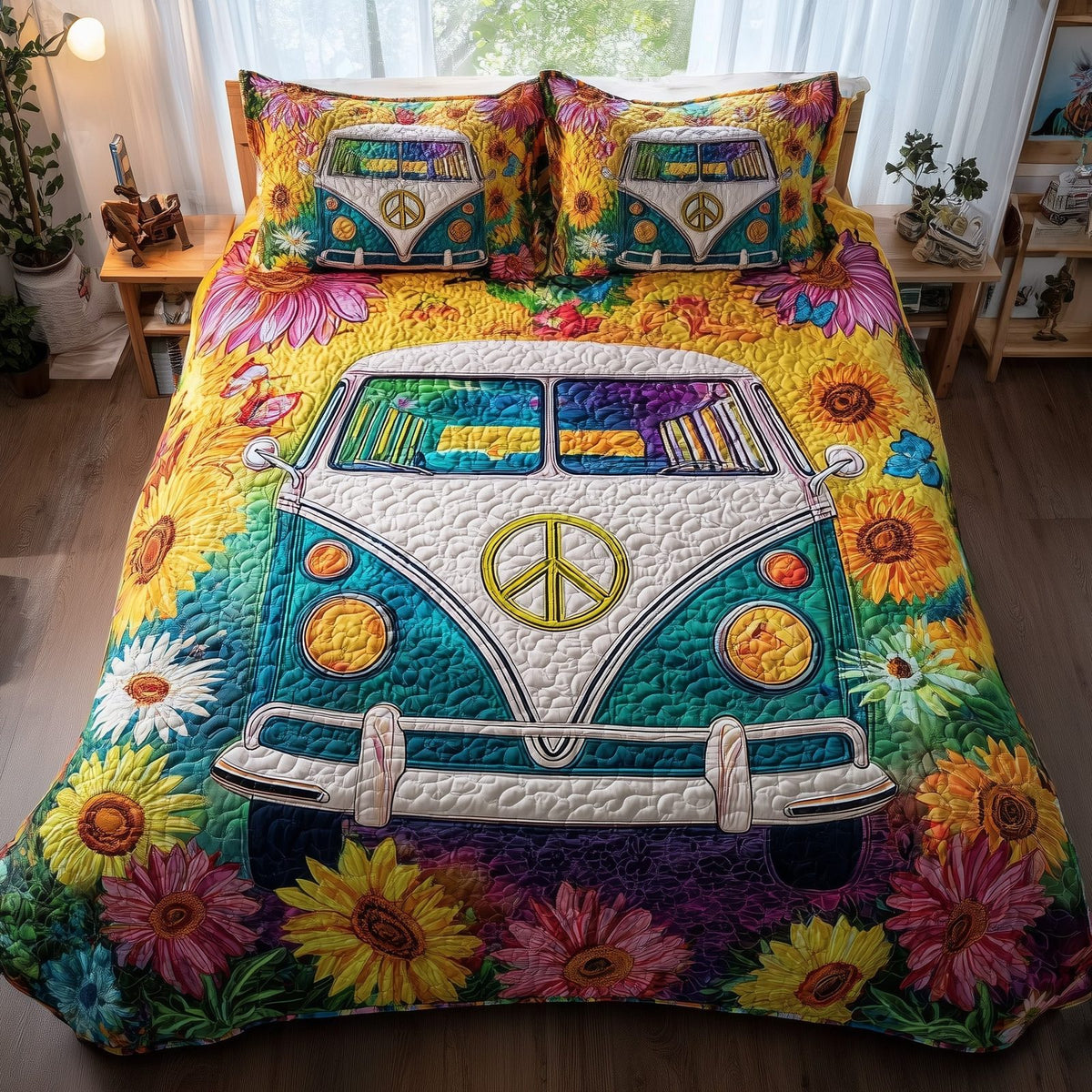 Hippie Van quilted 3-piece bedding set on a made bed with two matching pillow shams