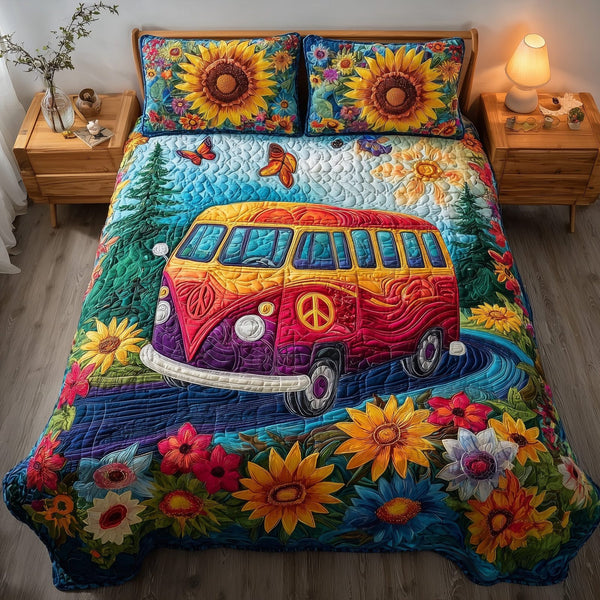 Hippie Van quilted 3-piece bedding set on a made bed with two matching pillow shams