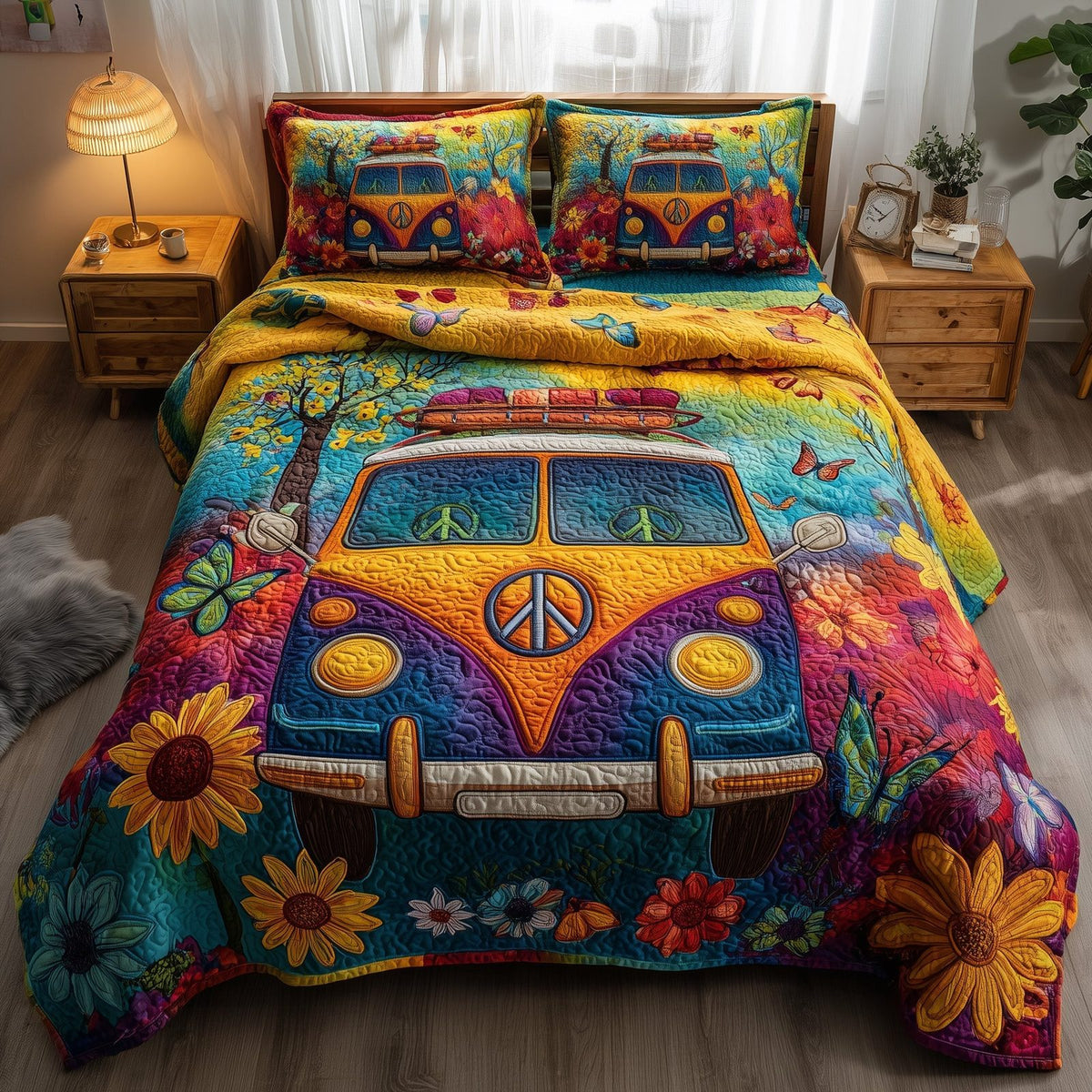 Hippie Van quilted 3-piece bedding set on a made bed with two matching pillow shams