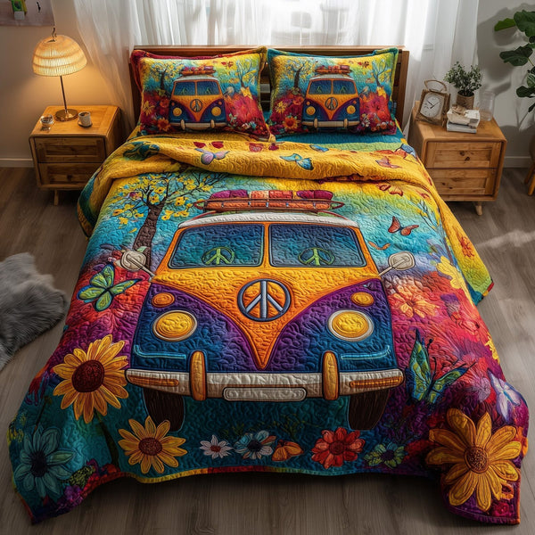 Hippie Van quilted 3-piece bedding set on a made bed with two matching pillow shams
