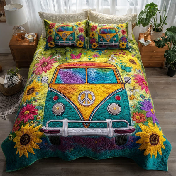 Hippie Van quilted 3-piece bedding set on a made bed with two matching pillow shams