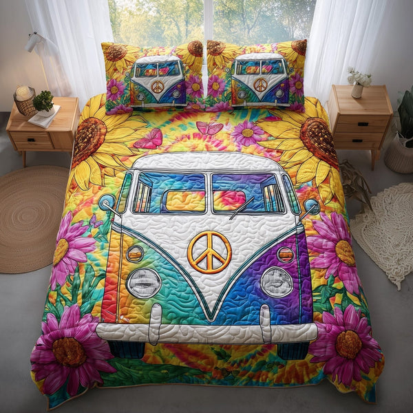 Hippie Van quilted 3-piece bedding set on a made bed with two matching pillow shams