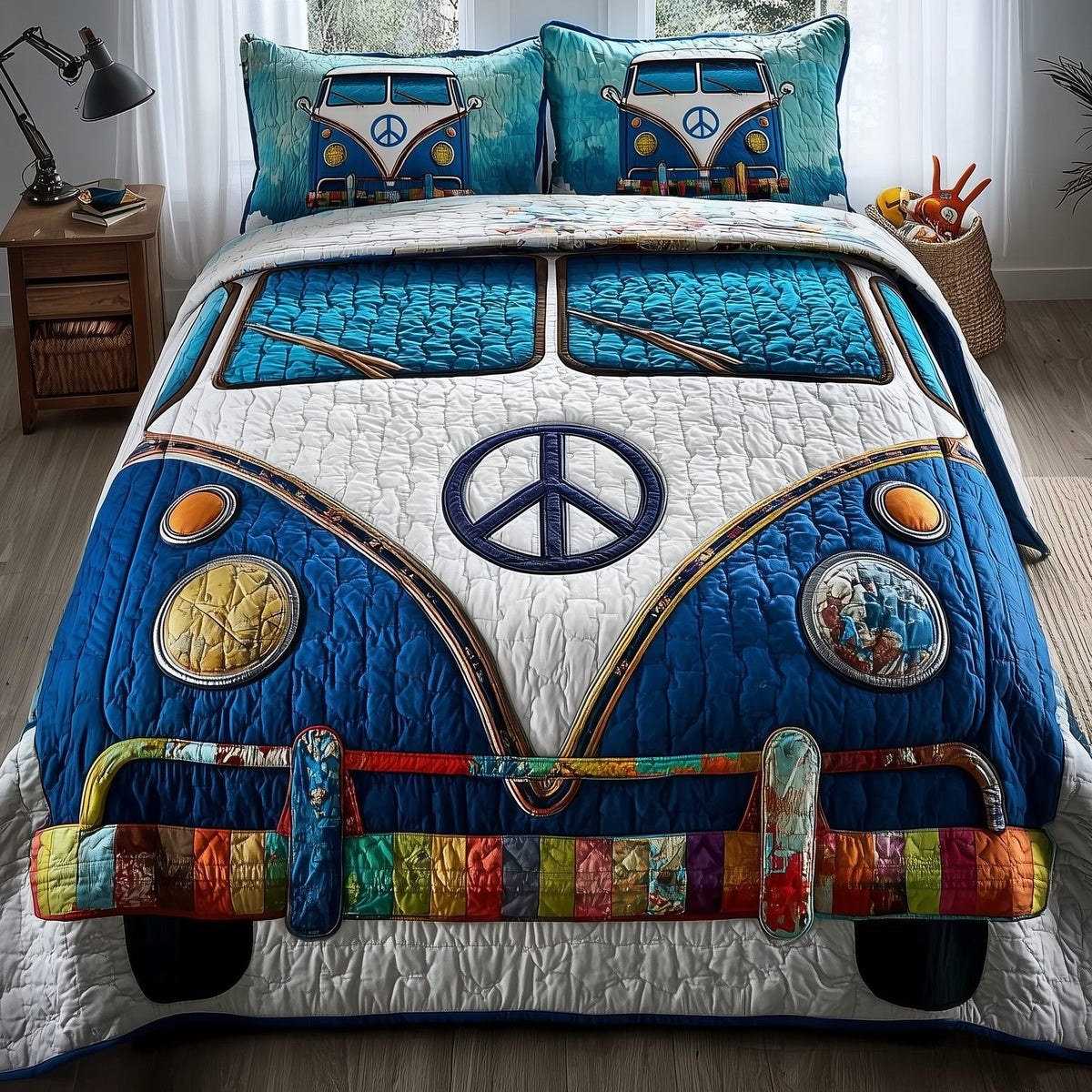 Hippie Van quilted 3-piece bedding set on a made bed with two matching pillow shams