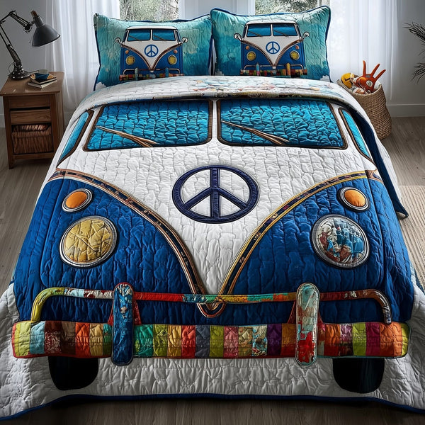 Hippie Van quilted 3-piece bedding set on a made bed with two matching pillow shams