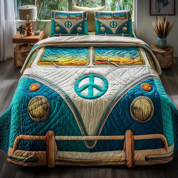 Hippie Van quilted 3-piece bedding set on a made bed with two matching pillow shams