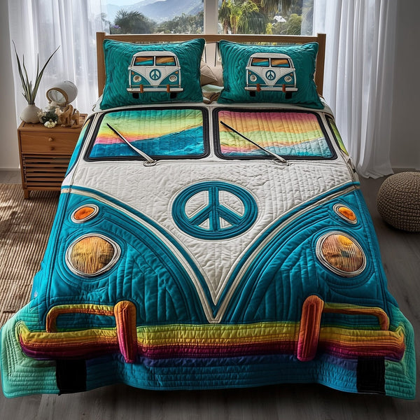 Hippie Van quilted 3-piece bedding set on a made bed with two matching pillow shams