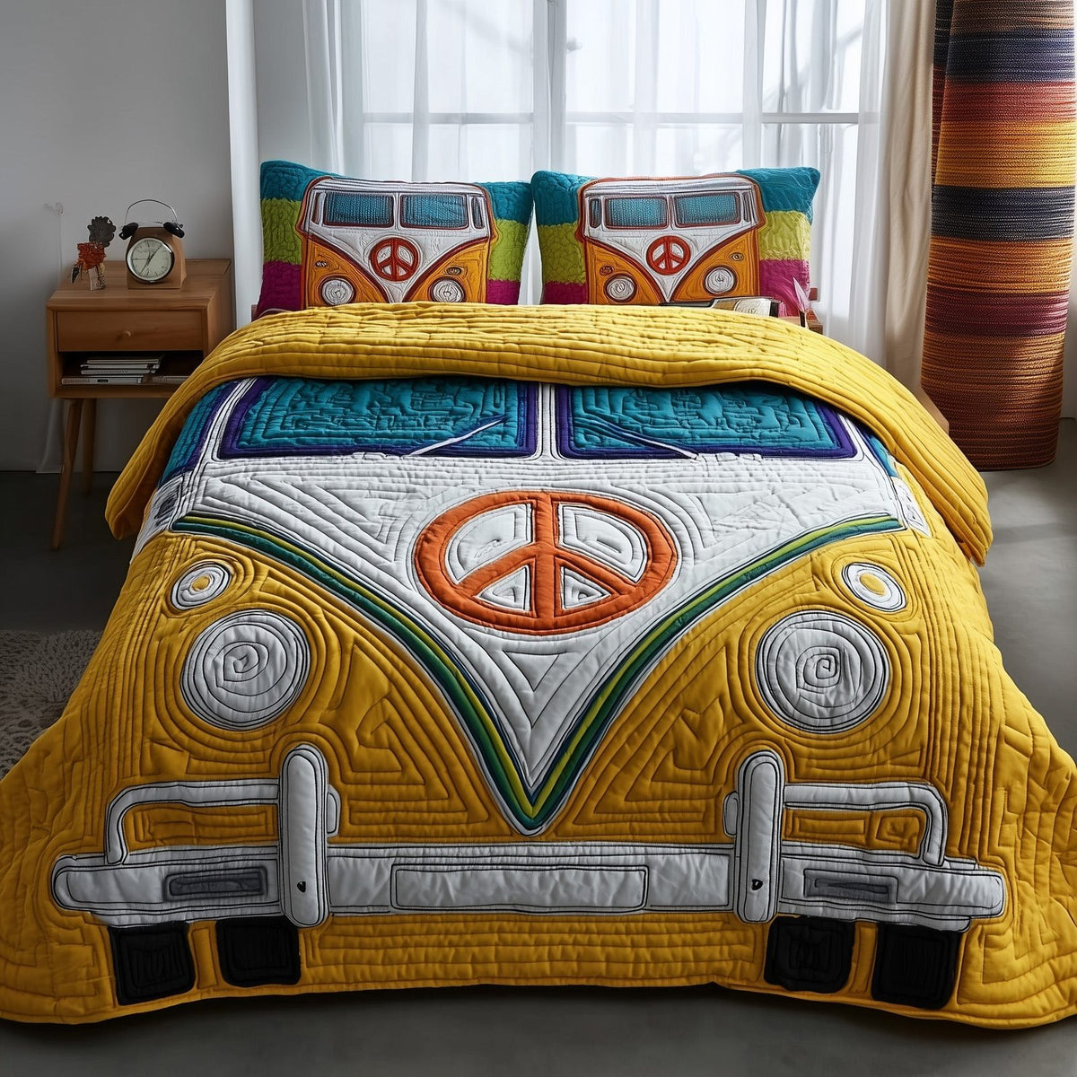 Hippie Van quilted 3-piece bedding set on a made bed with two matching pillow shams