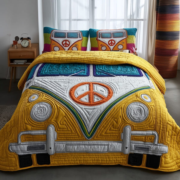 Hippie Van quilted 3-piece bedding set on a made bed with two matching pillow shams