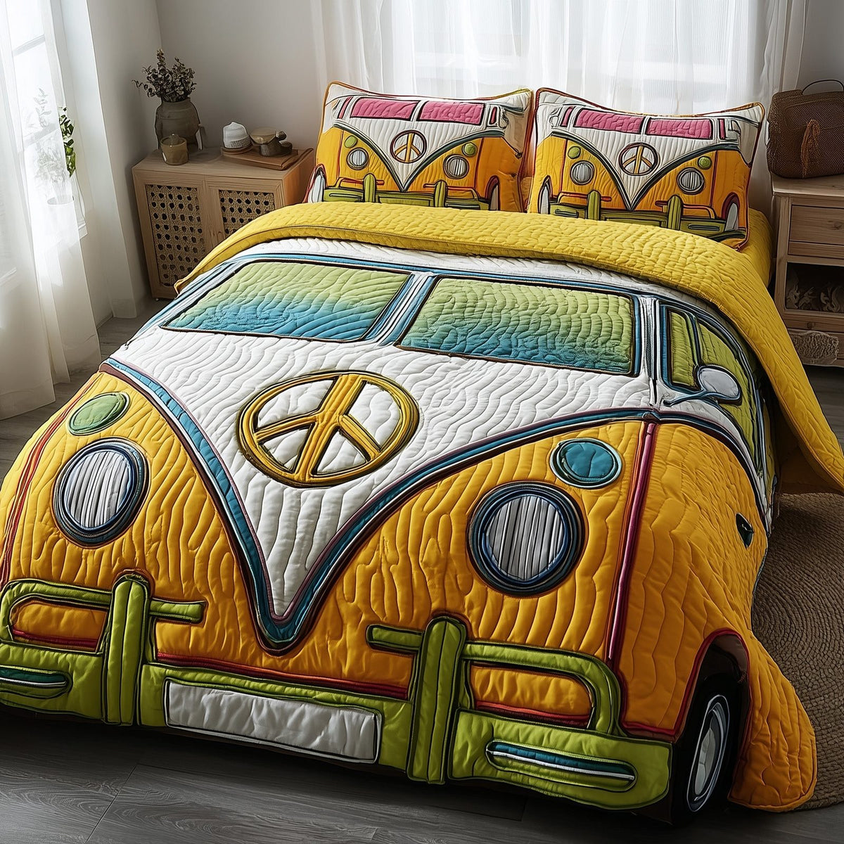 Hippie Van quilted 3-piece bedding set on a made bed with two matching pillow shams