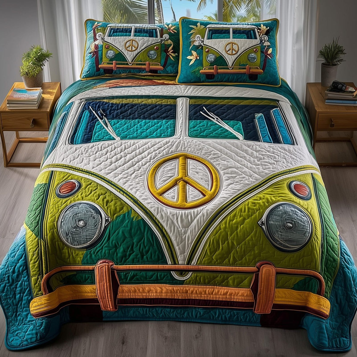 Hippie Van quilted 3-piece bedding set on a made bed with two matching pillow shams