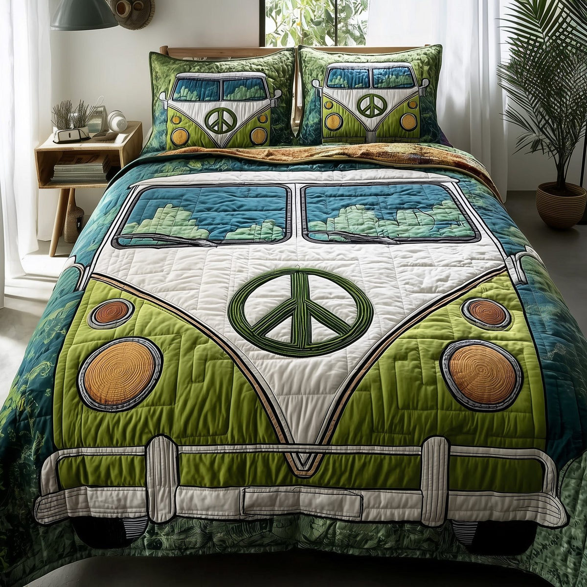 Hippie Van quilted 3-piece bedding set on a made bed with two matching pillow shams