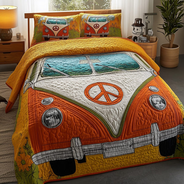 Hippie Van quilted 3-piece bedding set on a made bed with two matching pillow shams