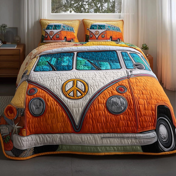 Hippie Van quilted 3-piece bedding set on a made bed with two matching pillow shams