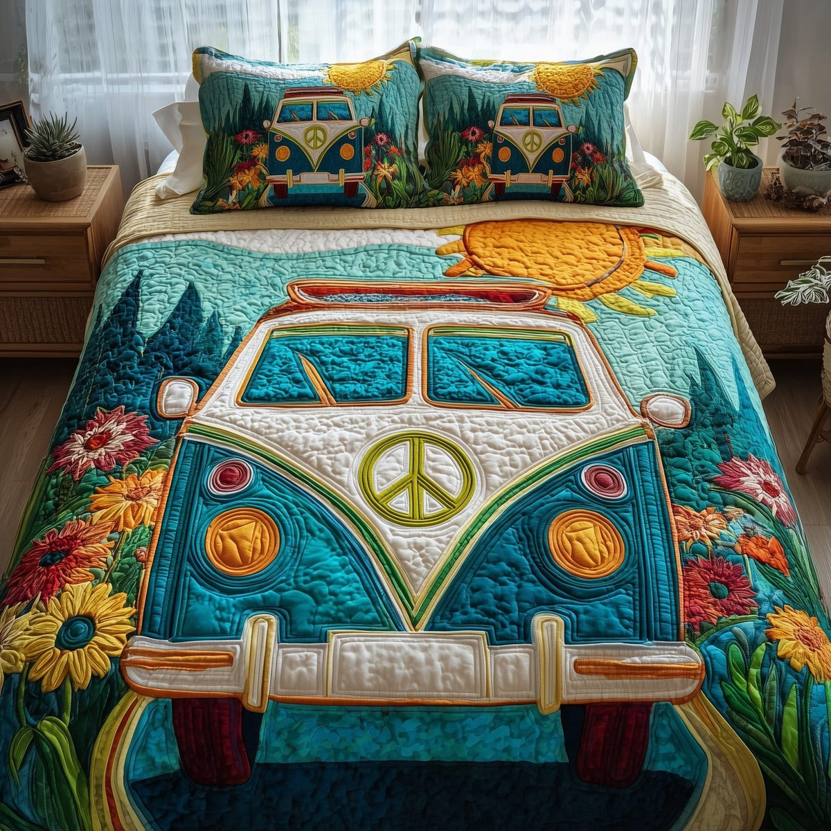 Hippie Van quilted 3-piece bedding set on a made bed with two matching pillow shams