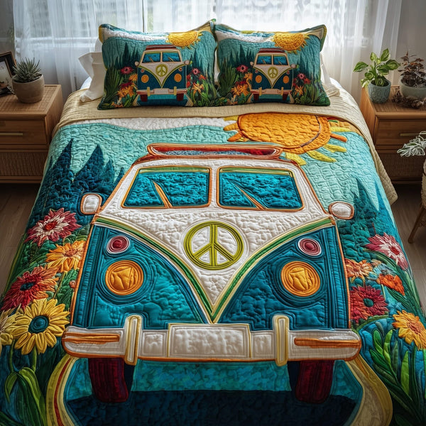 Hippie Van quilted 3-piece bedding set on a made bed with two matching pillow shams