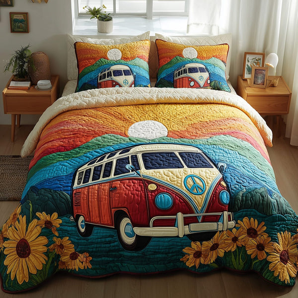 Hippie Van quilted 3-piece bedding set on a made bed with two matching pillow shams