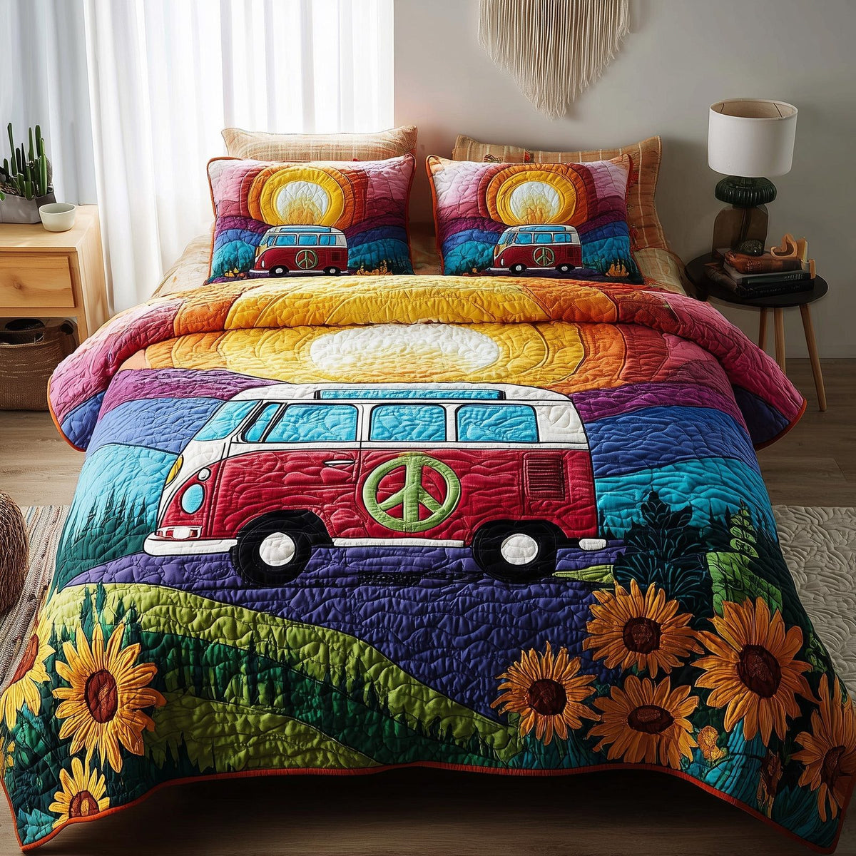 Hippie Van quilted 3-piece bedding set on a made bed with two matching pillow shams