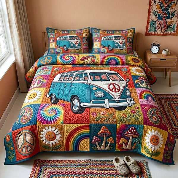 Hippie Van quilted 3-piece bedding set on a made bed with two matching pillow shams