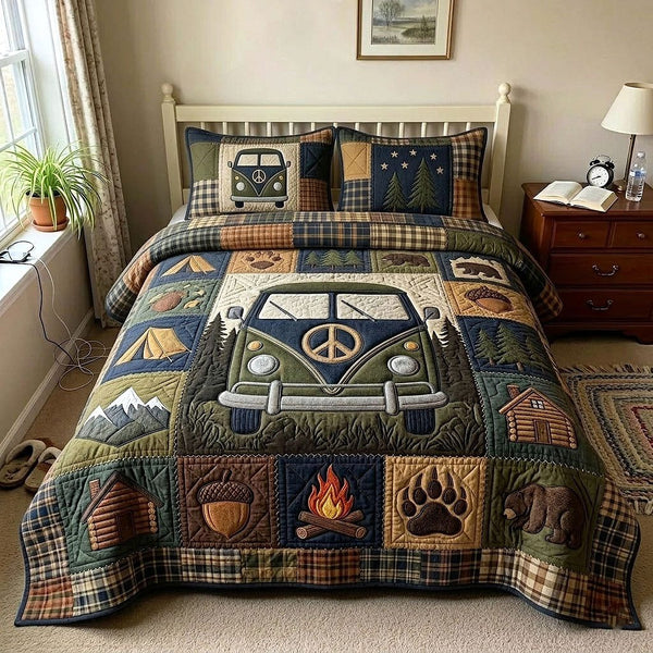 Hippie Van quilted 3-piece bedding set on a made bed with two matching pillow shams