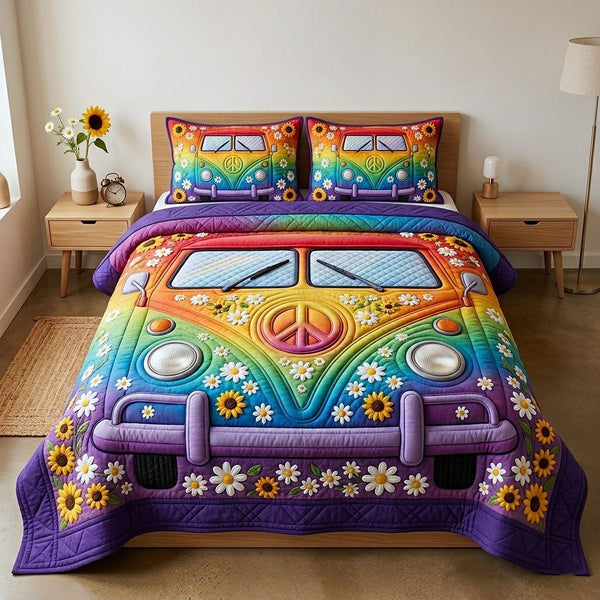 Hippie Van quilted 3-piece bedding set on a made bed with two matching pillow shams
