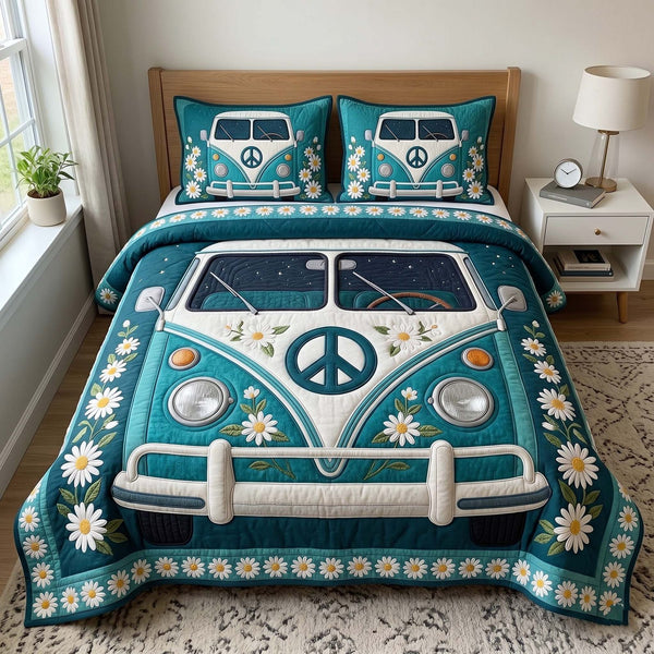 Hippie Van quilted 3-piece bedding set on a made bed with two matching pillow shams